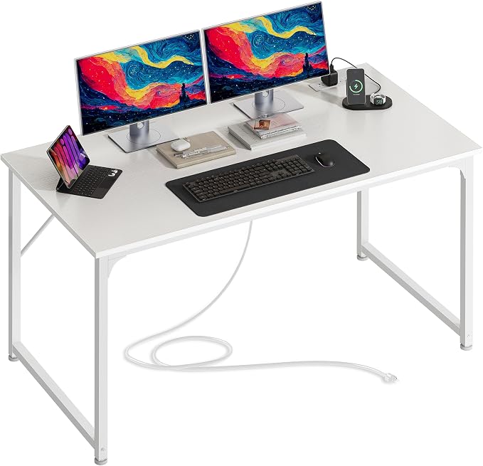 47 X 24 Inch Deeper Desk with Power Outlets | Computer Desk for Bedroom, Office Desk for Work from Home, Writing Study Gaming Table, Stable Metal Frame, White