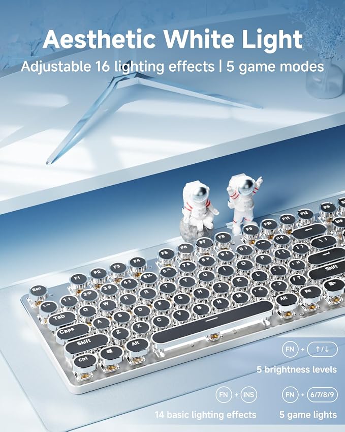 Wireless Typewriter Style Mechanical Keyboard with White Backlit, Full Size | Bluetooth/2.4G/Wired, Retro Punk Round Keycaps, Blue Switch for Windows PC, Mac, Desktop, Laptop, Blue, EWEADN TK950