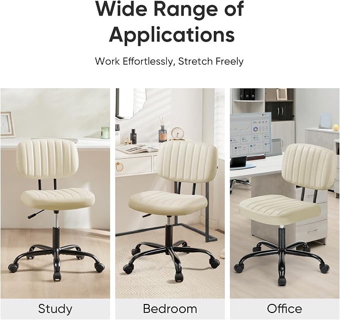 DUMOS Armless Office Chair, Small Home Desk Chair, Lumbar Support | PU Leather Low Back, Height Adjustable 360 Swivel Wheels, Computer Task, Beige