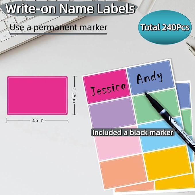 Waterproof Stickers Colorful Name Tags - 8 Colors Name Label Stickers with Pen for School, Classroom, Locker,Kitchen and Office