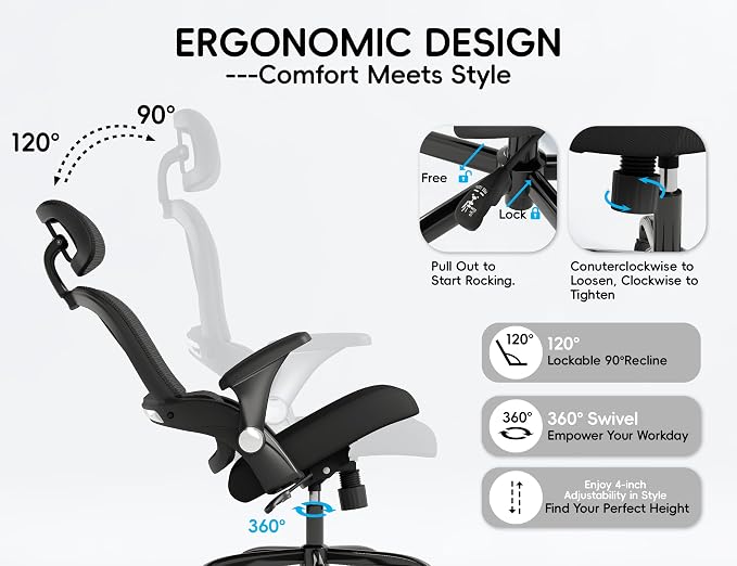 TRALT Office Chair - Ergonomic Desk Chair with Headrest Support for Adults | Home Office Desk Chair with Lumbar Support - Ergonomic Mesh Chairs 330 lb Wide Seat with Headrest, Comfy Desk Chair(Black)