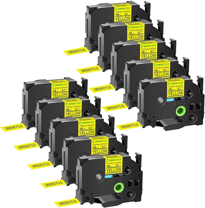 GREENCYCLE Extra Strength Label Tape TZe-S641 18mm 0.7" Laminated Yellow Compatible for Brother P-Touch TZeS641 TZ-S641 TZe TZ 3/4 inch Black on Yellow Label Tape for PTD400 PTD410 PTD600 10 Pack
