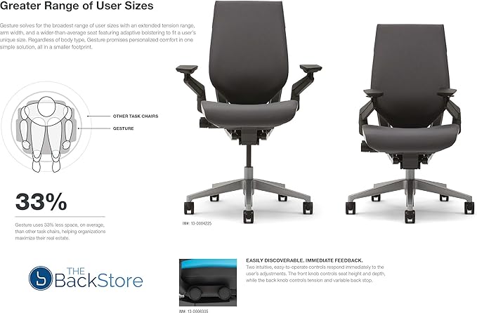 Steelcase Gesture Office Desk Chair with Headrest in Elmosoft Genuine Dove Grey L115 Leather Plus Lumbar Support Low Black Frame