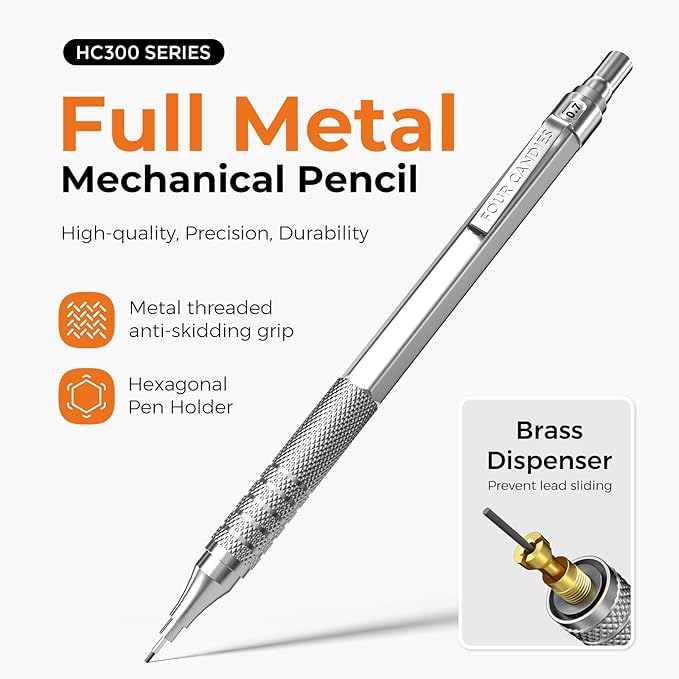 Four Candies 2PCS Metal Mechanical Pencils Set with Case, 0.5mm & 0.7 mm Artist Pencil with 6 Tubes (360PCS) HB Lead Refills, 3 Erasers,9 Eraser Refills For Writing Drafting, Drawing, Silver