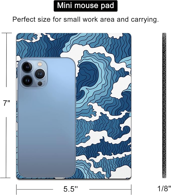 Small Mouse Pad Cute, Mini Mouse Pads for Wireless Mouse and Laptop, Travel Mousepads with Designs - Japanese Blue Great Wave, Portable Mousepad with Non-Slip Rubber Base - 5.5 x 7 Inch