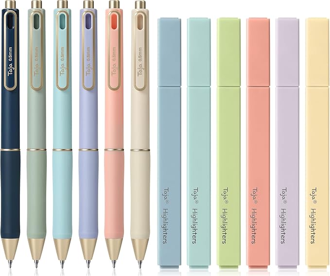 Taja 12 Pack Bible Highlighters and Pens Set No Bleed, 6 Aesthetic Pastel Highlighters and 6 Black Ink Pens for Bible Study, Journaling, School and Office Supplies