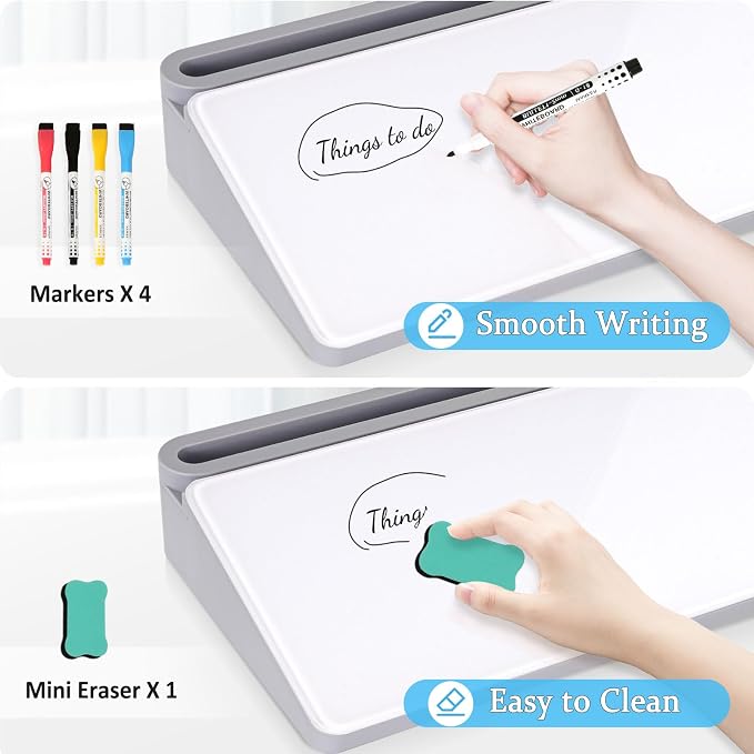 DOLLAR BOSS Glass Desk Whiteboard Small Dry Erase Board, Grey | Desktop White Board with Storage Drawer, Computer Keyboard Stand, Desk Organizer, Office Supplies, With Markers, Eraser