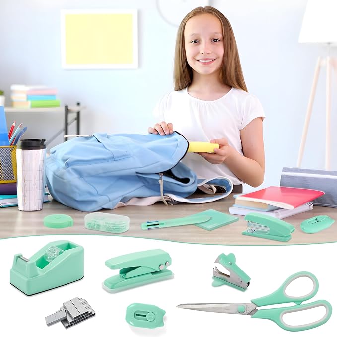 Green Desk Accessory Kit Cute Office Supplies Set Desktop Stapler Set Includes Staple Remover Hole Punch Tape Dispenser Ballpoint Pen Scissor Mini Box Cutter Tape Measure Paper Clips Sticky Notes