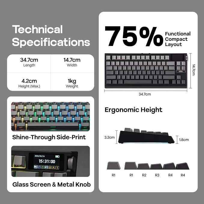EPOMAKER G84 PRO Wireless Gaming Keyboard w/Screen&Knob, Shine Through | 8000mAh, Hot-Swap, BT5.0/2.4G/USB-C Mode, RGB, 75% Creamy Mechanical Keyboard for Gamers/Office (Black, Creamy Jade Switch)