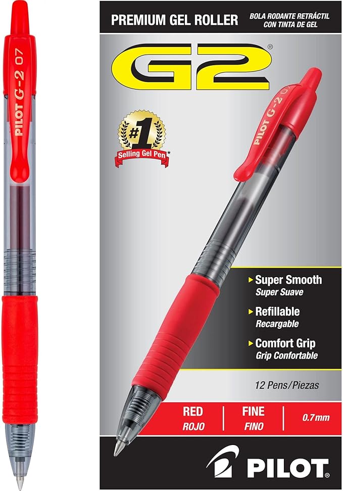 PILOT G2 Fine Point Red Gel Ink Pens, Dozen Box, 31022