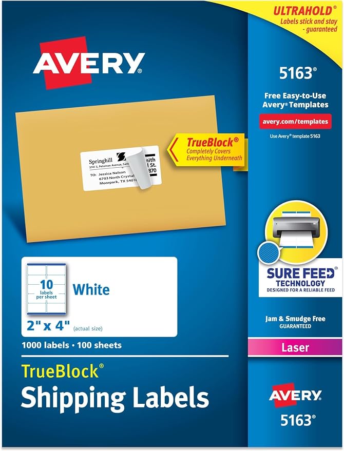 Avery Printable Shipping Labels with Sure Feed,2" x 4" Customizable Stickers,White,1,000 Blank Mailing Labels,Great for Mailing,Shipping,and More (5163),(Pack of 5)