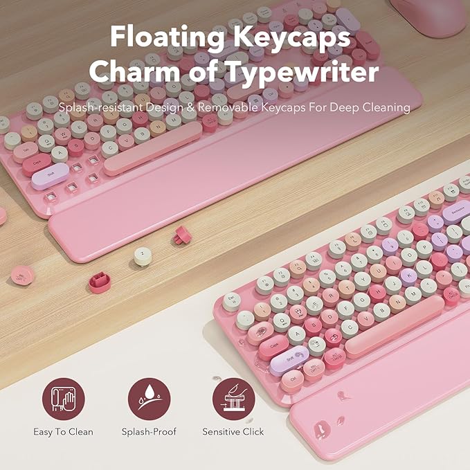 Wireless Keyboard and Mouse Combo, Cute Retro Typewriter Keyboard with Round Keycaps and Magnetic Wrist Rest, Full-Size 2.4GHz Cordless for Mac, Windows PC, Laptop, SABLUTE CK23, Pink Multi-Color