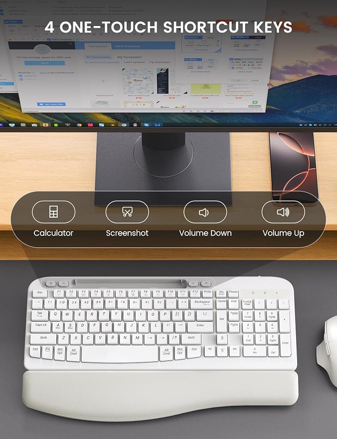 Wireless Keyboard and Mouse Combo with Ergonomic Wave Key | Leather Soft Palm Rest, Rechargeable, 4-Level DPI, Phone Holder, 2.4GHz, MA22 Plus Full Size Set for PC, Laptop, Windows, Mac
