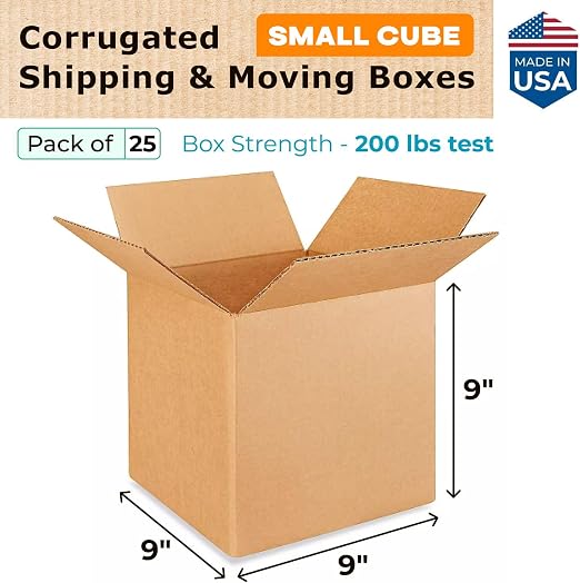 Small Cube Moving & Shipping Boxes 9"L x 9"W x 9"H (25-Pack) - Extra Strength 200 lb vs Regular - Corrugated Packing Boxes for USPS/UPS/FEDEX - Moving Box - Small Packing Box by IDL Packaging | Extra Strength 200 lb vs Regular - Corrugated Packing Boxe...