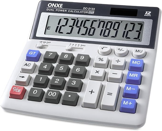 ONXE 12 Digit Desk Calculator,Calculators Desktop with Extra Large 4.9" LCD Display & Big Buttons, Solar & Battery Dual Power, Standard Basic 4 Function Office Calculator for Financial, Home Daily Use