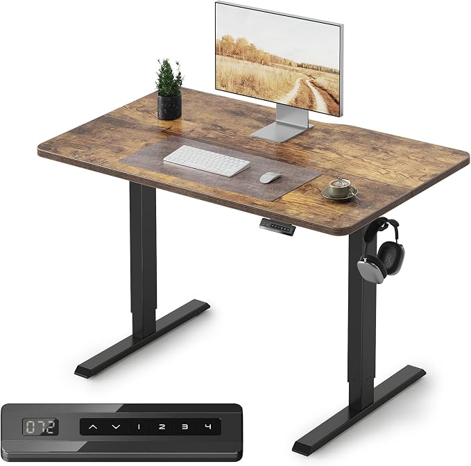 FEZIBO 40 x 24 Inchs Electric Standing Desk, Height Adjustable, Sit Stand Up, Computer Office Desk with Splice Board, Black Frame/Rustic Brown Top | Sit and Stand Up Adjustable Desk, Home Office Computer Desk with 3 Customizable Memory Presets