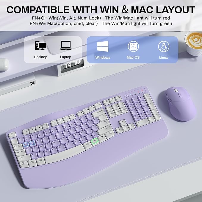 Wireless Keyboard and Mouse Combo,2.4G Ergonomic Wave Keys(Purple-A) | Full Size Cordless Keyboard with Wrist Rest,3-Level DPI Ergonomic Mouse for Office and Home,Windows/Mac OS/Desktop/Laptop/PC