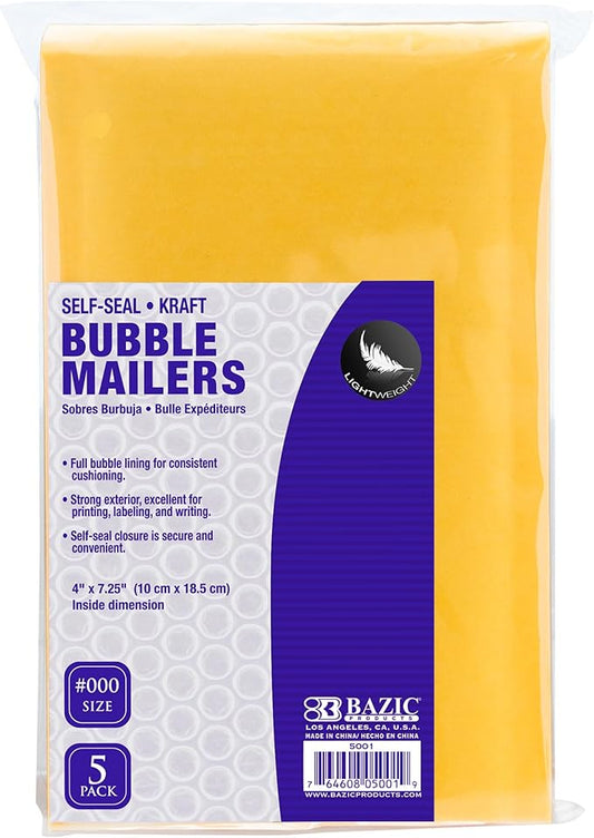 BAZIC 4" X 7.25" (#000) Self-Seal Bubble Mailers (5/Pack)