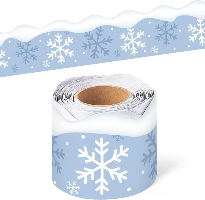 BeYumi Winter Snowflake Border Trim - 65ft Winter Christmas Sage Blue White Snowflake Scalloped Rolled Border Trim Bulletin Board Borders School Classroom Door Home Office Chalkboard Party Decoration
