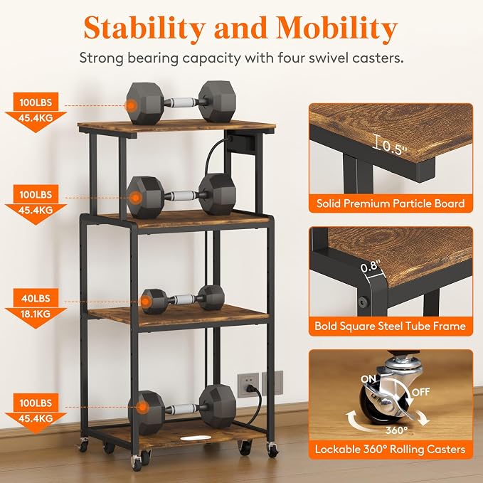 Lifewit 4 Tier Printer Stand with Power & Wheels, Office Cart, Rustic Brown | Rolling cart with wheels and adjustable shelf, for shredder scanner fax, home office storage, holds 340 lbs heavy duty