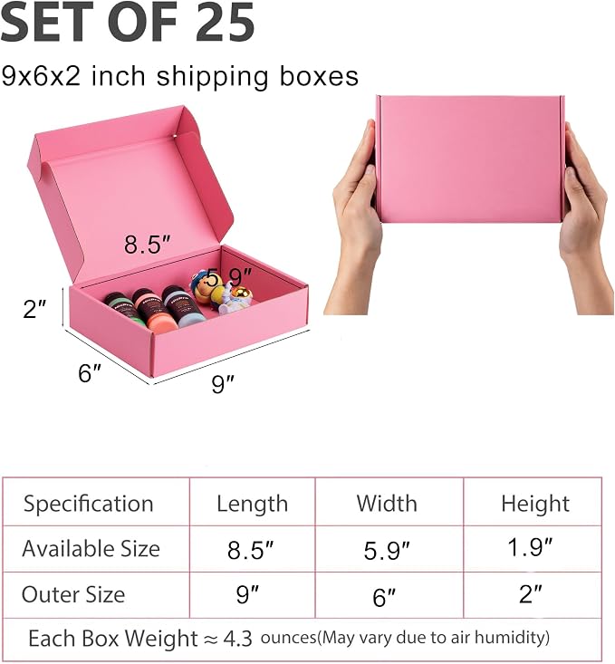9x6x2 inch Pink Shipping Boxes for Small Business- Set of 25 | Sturdy ECT 32 Corrugated Cardboard Mailer Boxes, Easy Assemble for Packaging, Mailing, Gift