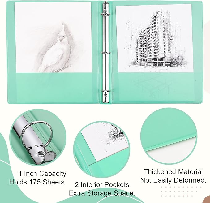 3 Ring Binder - 6 Pack, 1 Inch Binder with 2 Interior Pockets & Clear View Overlay, Large Capacity, Round Ring Binders for Office Supplies, School & Home (6 Colors, Light Colors)