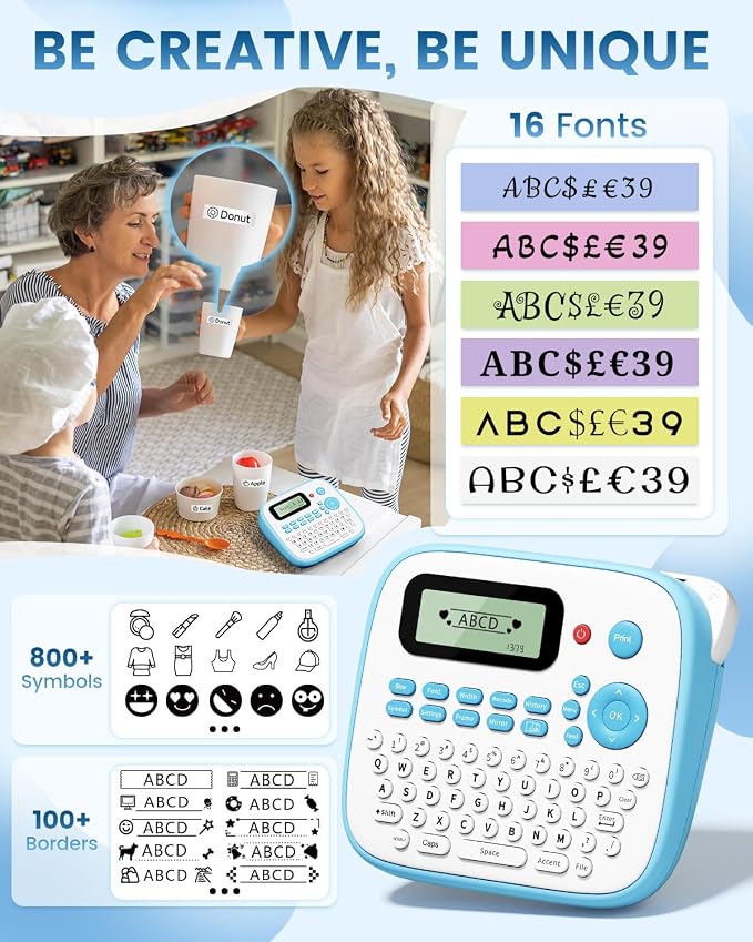 Vixic Label Maker Machine with Tape, D210S Label Maker Waterproof-Labels | Portable Labeling Machine Bundle 4PK 12mm 0.47 Laminated White Tapes, Handheld Labeler with Keyboard for Home Office School