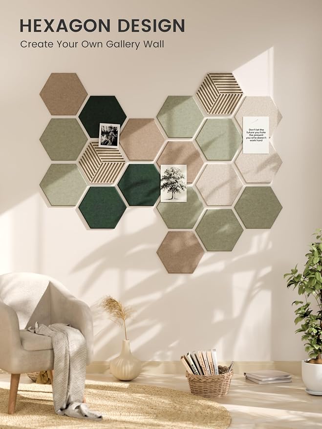 Fluxynara 10-Pack Hexagon Cork Board Alternative, Nordic Moss | Felt Bulletin Board with 50 Adhesive Tabs, Ideal for Vision Boards and Wall Decor in Homes, Offices, Classrooms, and Dorms