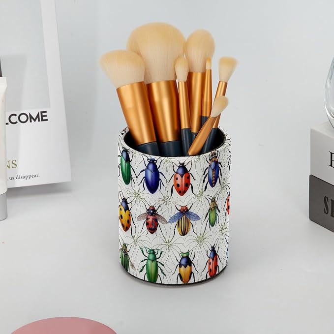 Leather Pen Holder for Desk, Beetle Pencil Cup Pen Organizer Makeup Brush Holder for Office Home Kids Countertop Desk Accessory Storage