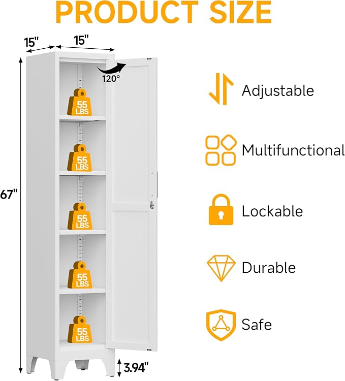67"H White Metal Locker with 1 Lockable Door and 4 Adjustable Shelves For Employees, 5 Tier Thin Storage Cabinet with Detachable Legs and Gold Handle for Kitchen,Office,Gym,School,Easy Assembly 2Pcs