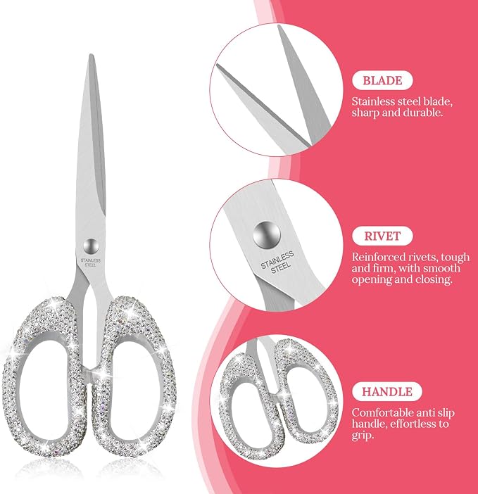 Koqye 7.68-Inch Red & Green Rhinestone Scissors - Bling Metal Cute Scissors for School, Office, Christmas, Crafting & Home - Decorative Sparkly Handle Paper Cutting Tool (White)