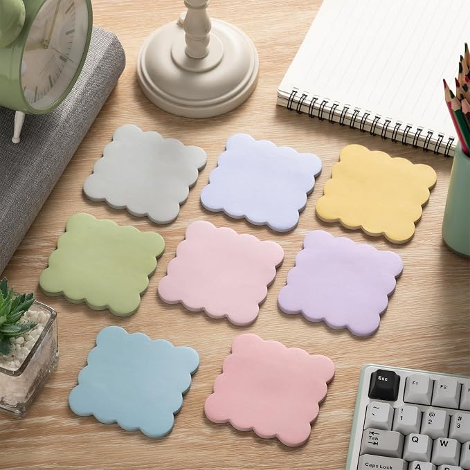 Eaasty 8 Pack Scalloped Sticky Notes 3" X 3" Pastel Memo Pads | Aesthetic Cute Wavy Edges, Self-stick for School Office Desk, 240 Sheets Bulk, Pretty Design for Reminders Planning