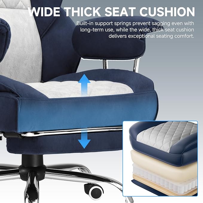 GTPLAYER Gaming Chair,Office Chair with Pocket Spring Lumbar Support, Ergonomic Comfortable Wide Office Desk Computer Chair with Outward Fixed Soft Armrests and Footrest (Fabric, Dark Blue & White)