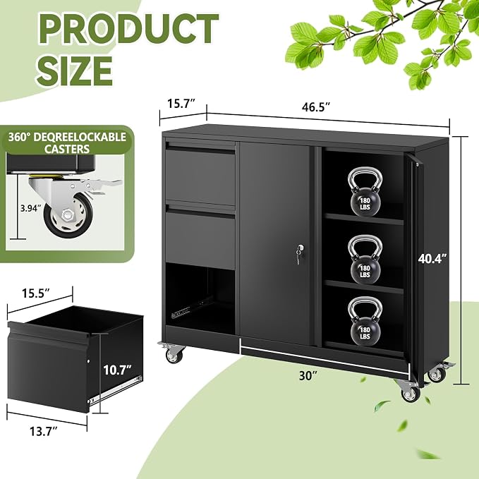 Mobile Large Lateral File Cabinet 3-Drawer,Home Office Rolling Filing Storage Cabinets with Lock & Wheels,Metal Printer Stand Office Storage A4,Letter Legal File Folders,Black