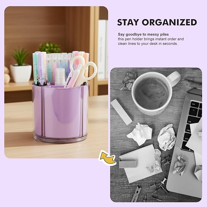 Comix 360° Rotating Pen Holder for Desk, Pencil Holder with 5 Slots, Cute Purple Plastic Desk Organizer for Home School Office Supplies
