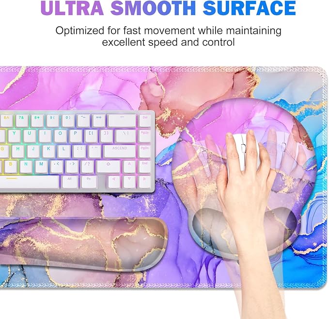 Gaming Mouse Pad, 4in1 XXL Mousepad Large Desk Mat, Cute Desk Pad Protector | Keyboard Wrist Rest+Mouse Wrist Rest+Coaster Set with Ergonomic Desk Pad for Home Office PC Computer, Colorful Marble