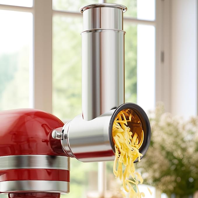 Stainless Steel Slicer Shredder Attachment for KitchenAid Stand Mixers, For KitchenAid Cheese Grater Attachment, Salad Maker, Grinding Powder, Dishwasher Safe with 4 Blades
