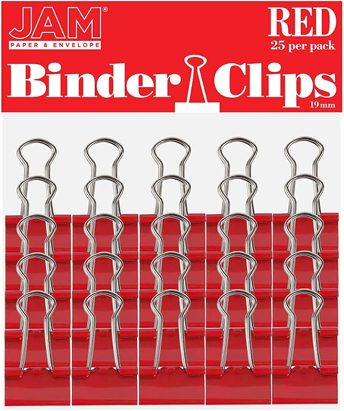 JAM PAPER Colorful Binder Clips - Small - 3/4 Inch (19 mm) - Red Binderclips - 25/Pack