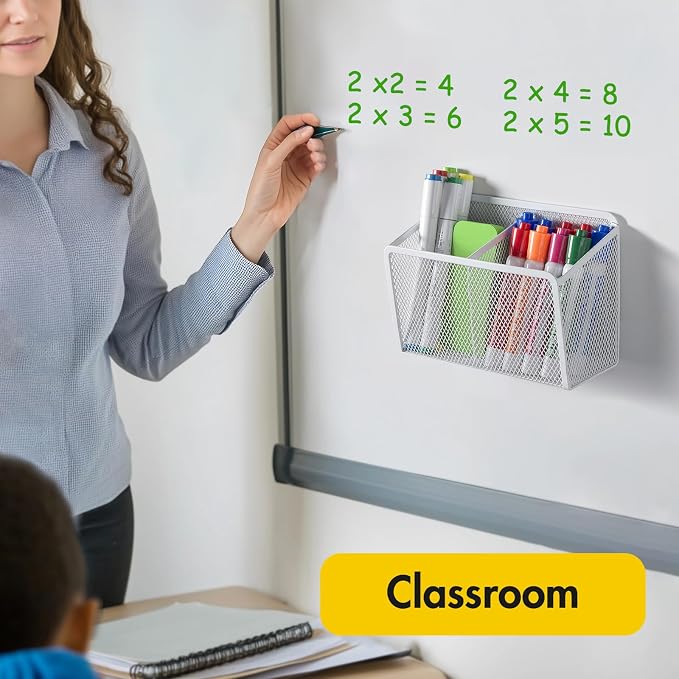BEYGORM Magnetic Dry Erase Marker Holder for Whiteboard, Locker Organizer | Mesh Non-slip Pen & Pencil Holder for Refrigerator, Basket for Classroom, School &Office (White, 1-Pack)
