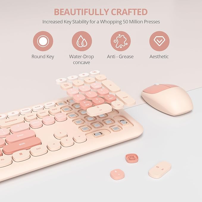Surmen Cute Colorful Keyboard and Mouse Wireless Silent, Full-Size Retro Typewriter Wireless Quiet Slim Keyboard Low-Noise 2.4GHz for Computer, Desktop, Laptop(6-Diary Beige)