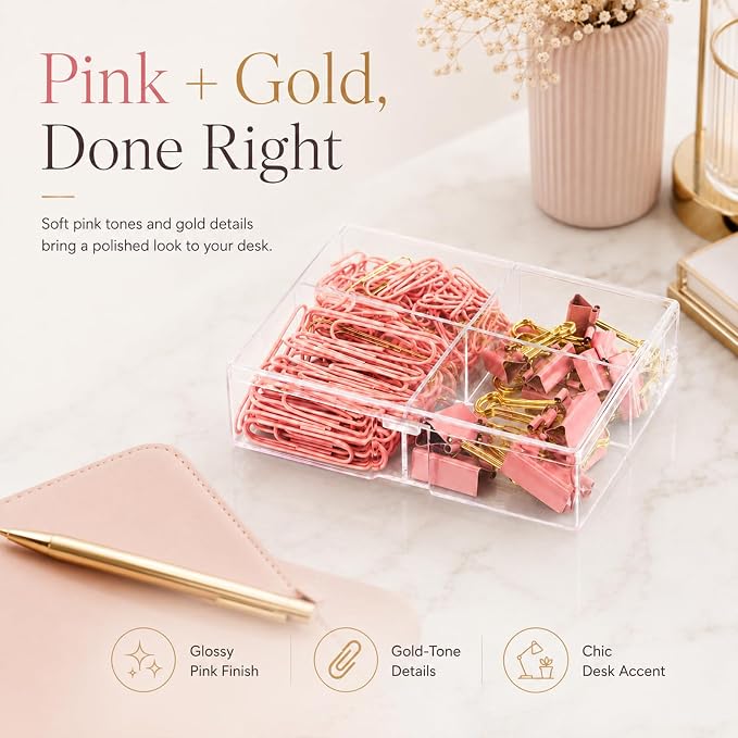 Paper Clips and Binder Clips Set, Pink & Gold, Assorted Size Clips | 165-Piece Decorative Paper Clip Set, Cute Desk Accessories for School, Home, Office, Desk, Planners and Documents, 2 Pack