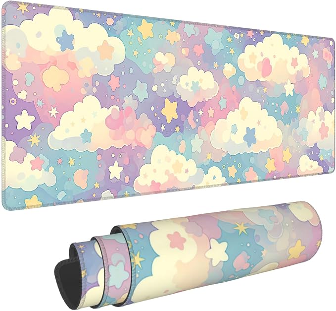 Cute Large Mousepad,Colorful Clouds and Stars Mouse Mat,31.5 x 12 in | Extended Pastel Pink Kawaii Women Office Desk Decor Mat,Girly Dreamy Mouse Pad for Work Game Office and Home,80x30 cm