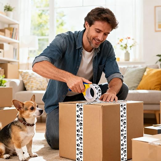 Whaline 109 Yard Dog Paw Packing Tape Waterproof Shipping Tape White Black Pet Paw Gift Wrapping Tapes for Small Business DIY Crafts Box Carton Decor