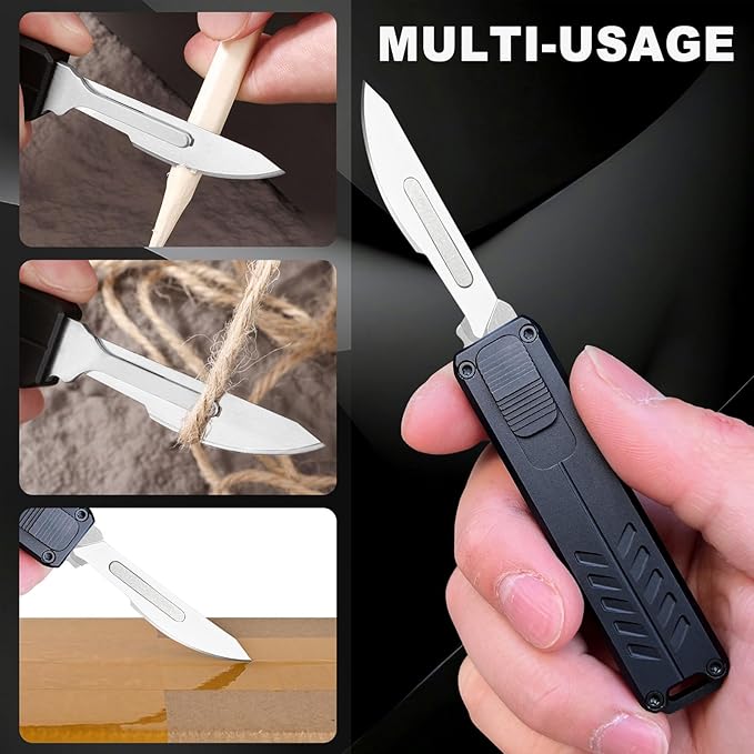 Auto Retractable Utility Knife, Safety Black Automatic Box Cutter, Scalpel Pocket Knife, Push Button EDC Razor Knife with 10PCS #23 Blades