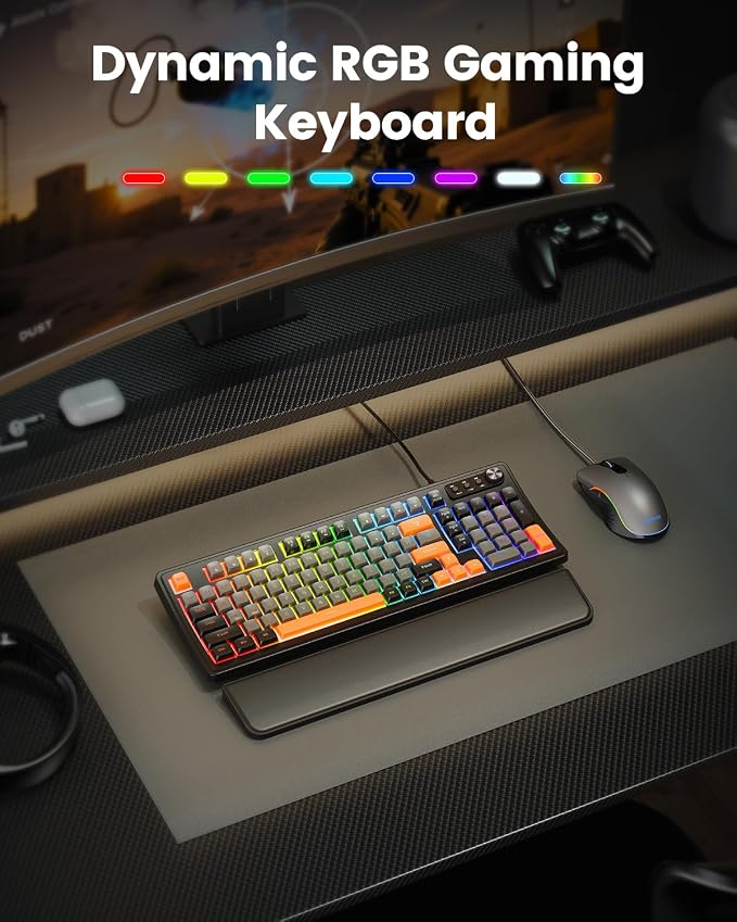SABLUTE Gaming Keyboard and Mouse, Quiet Membrane with RGB Backlit | PC Gaming Keyboard with Multimedia Knob, Anti-Ghosting, Ergonomic Wrist Rest & 3200 DPI Mouse for Gamer/Office