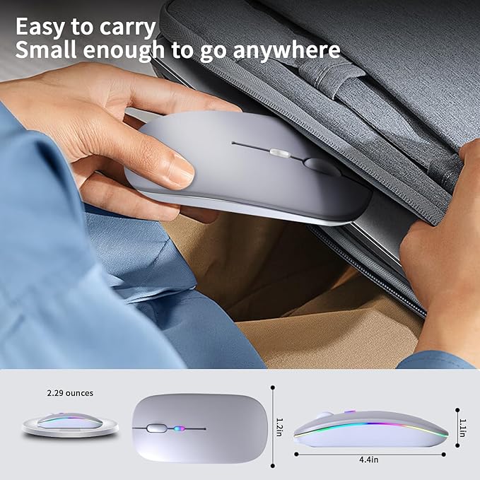 Wireless Bluetooth Mouse – Rechargeable, Silent, Dual Mode (Bluetooth 5.2 & USB) with LED Lights – Portable for Laptop, Desktop, & Tablet(Silver)