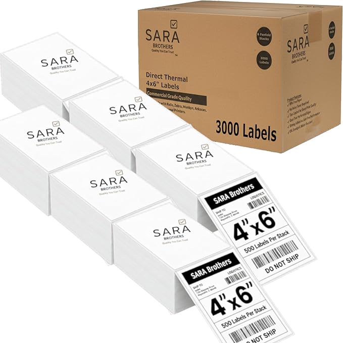 SARA Brothers 4x6 Direct Thermal Shipping Labels (Pack of 3000 Labels / 6 Fanfold Stacks), Commercial Grade, Waterproof, BPA-Free, Compatible with Rollo, Munbyn, Zebra