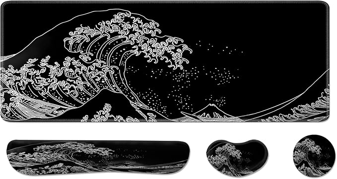 Desk Pad and Keyboard Wrist Rest, Large Mouse Pad + Keyboard Pad+Mouse Wrist Support, Non-Slip Desk Mat Protector for Office, Home 31.5×11.8 Inches Wave