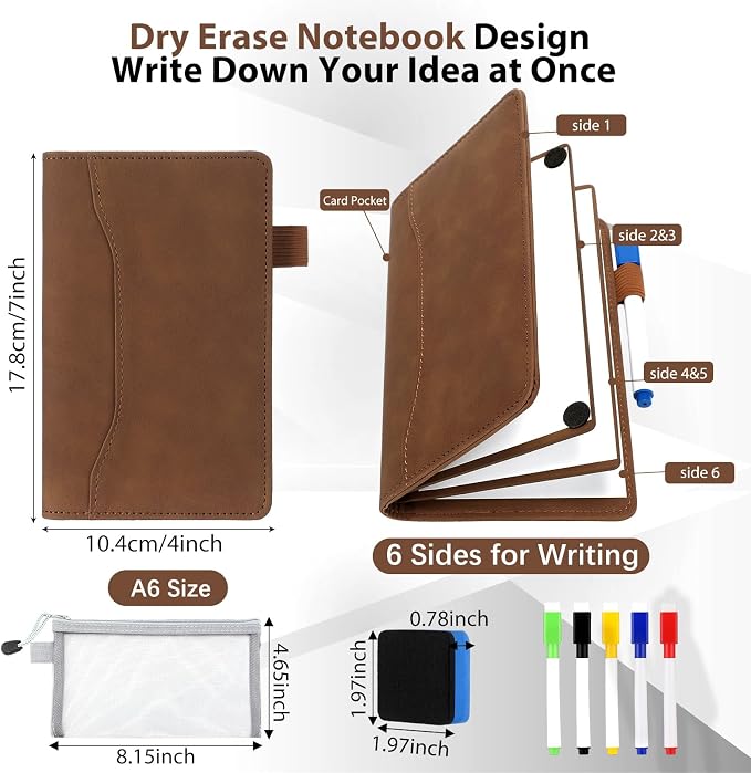 Feifeiya 6 Sides Dry Erase Notebook, Brown, A6 9" X 1.2" | Portable Reusable Whiteboard Notepad 6 Side Foldable Dry Erase White Board for Planner Office Study Business Meeting Supplies