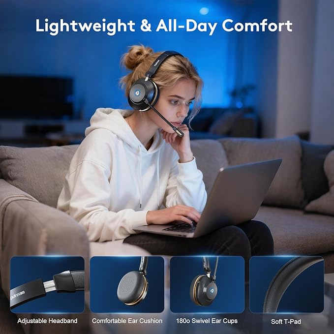 Wireless Headset with Mic for Work,6.0 Bluetooth Headset with Microphone,45 Hours Worktime & Mute Button,Headset with Mic for Pc,iPhone,Computer,Remote Work,Office,Home,Zoom,Skype